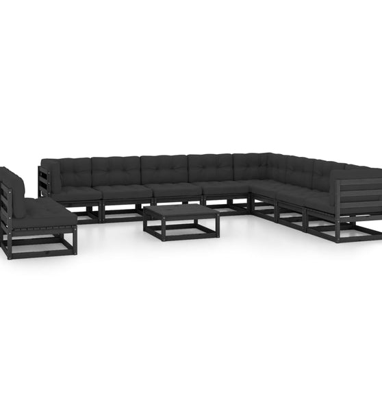 11-tlg. Garten-Lounge-Set mit Kissen Schwarz Kiefer Massivholz