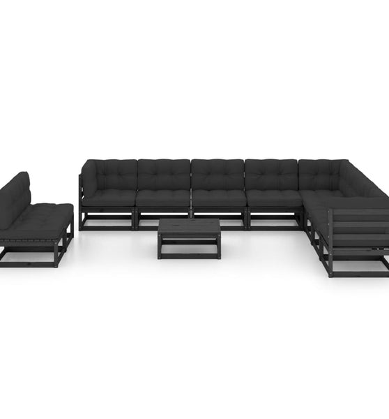 11-tlg. Garten-Lounge-Set mit Kissen Schwarz Kiefer Massivholz