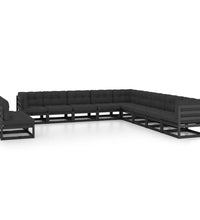 11-tlg. Garten-Lounge-Set mit Kissen Schwarz Kiefer Massivholz