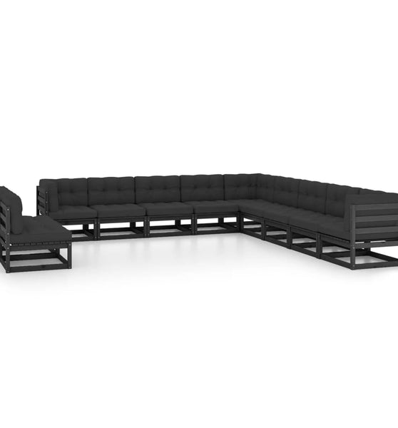 11-tlg. Garten-Lounge-Set mit Kissen Schwarz Kiefer Massivholz