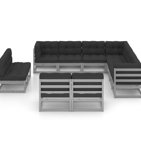 11-tlg. Garten-Lounge-Set mit Kissen Grau Kiefer Massivholz