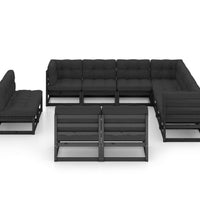 11-tlg. Garten-Lounge-Set mit Kissen Schwarz Kiefer Massivholz