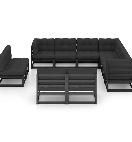 11-tlg. Garten-Lounge-Set mit Kissen Schwarz Kiefer Massivholz