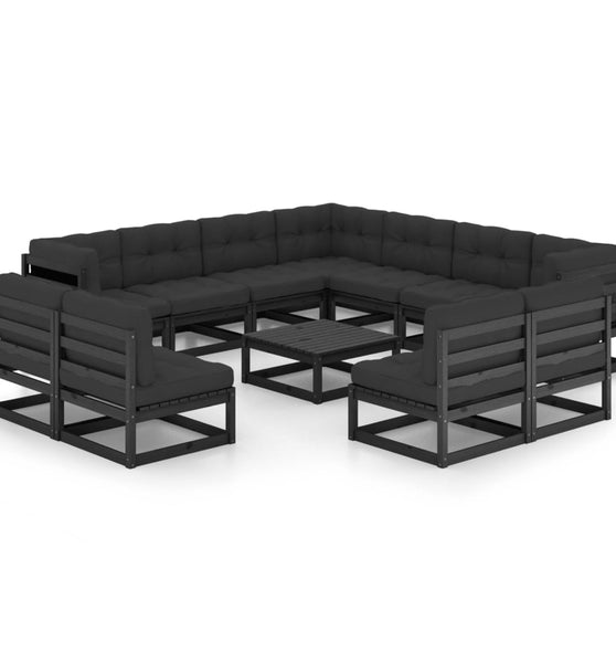 12-tlg. Garten-Lounge-Set mit Kissen Schwarz Massivholz Kiefer