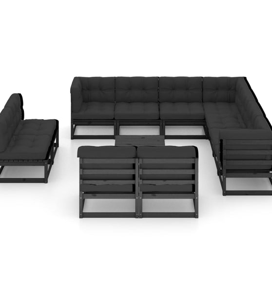 12-tlg. Garten-Lounge-Set mit Kissen Schwarz Massivholz Kiefer