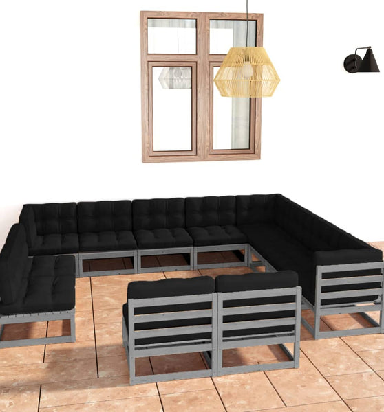 12-tlg. Garten-Lounge-Set mit Kissen Grau Massivholz Kiefer