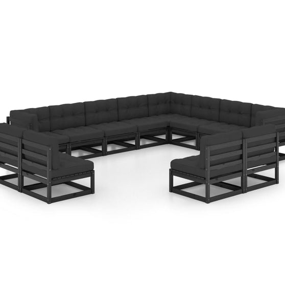 12-tlg. Garten-Lounge-Set mit Kissen Schwarz Massivholz Kiefer