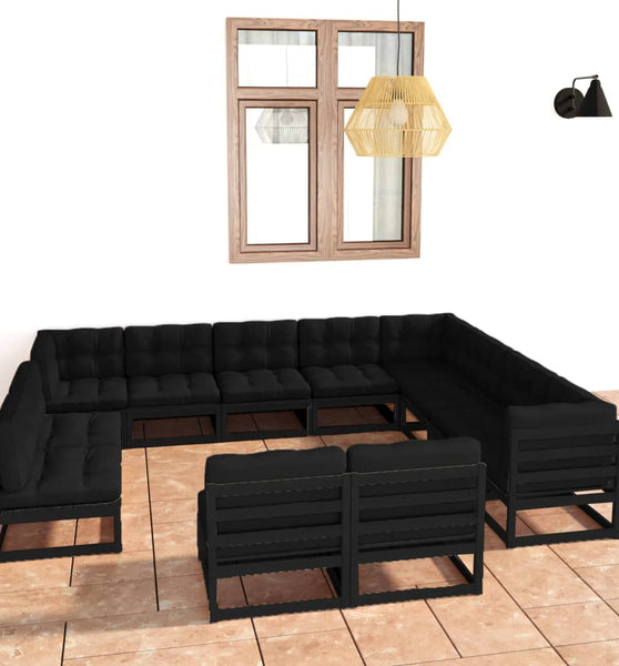 12-tlg. Garten-Lounge-Set mit Kissen Schwarz Massivholz Kiefer