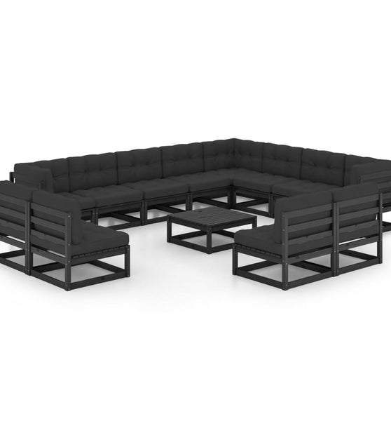 13-tlg. Garten-Lounge-Set mit Kissen Schwarz Massivholz Kiefer