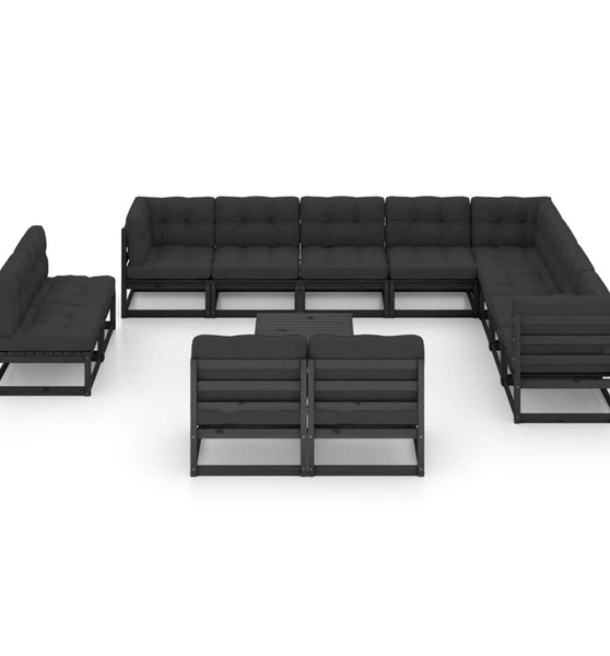 13-tlg. Garten-Lounge-Set mit Kissen Schwarz Massivholz Kiefer