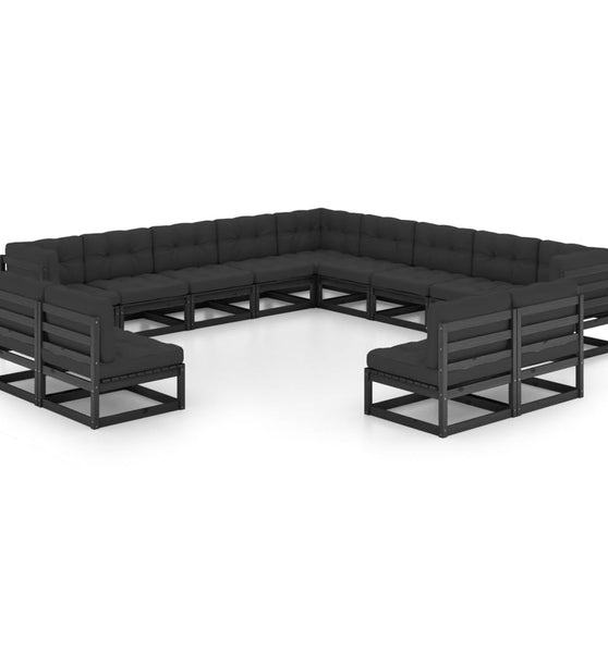 13-tlg. Garten-Lounge-Set mit Kissen Schwarz Massivholz Kiefer