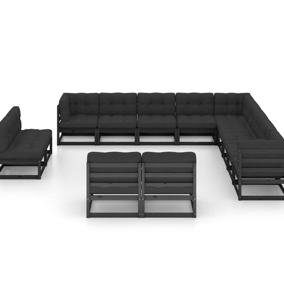 13-tlg. Garten-Lounge-Set mit Kissen Schwarz Massivholz Kiefer