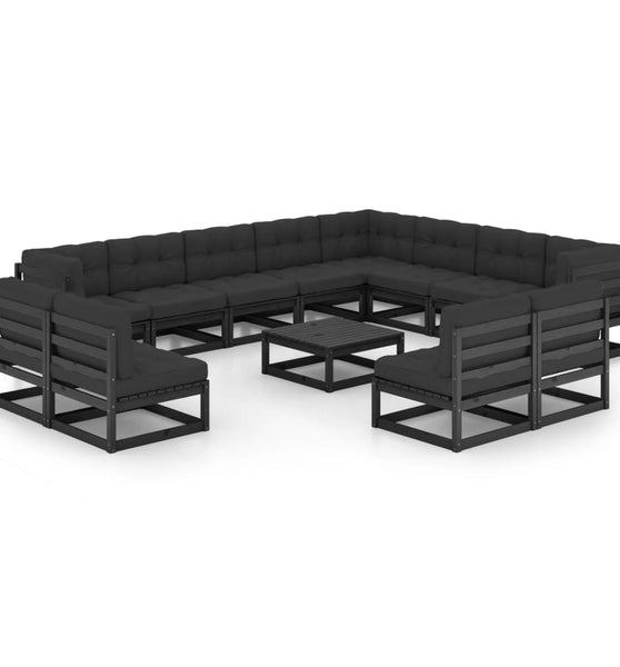 14-tlg. Garten-Lounge-Set mit Kissen Schwarz Massivholz Kiefer