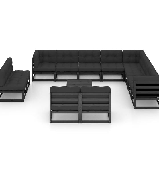 14-tlg. Garten-Lounge-Set mit Kissen Schwarz Massivholz Kiefer