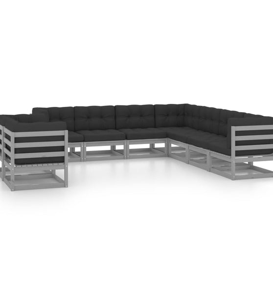 9-tlg. Garten-Lounge-Set mit Kissen Grau Massivholz Kiefer