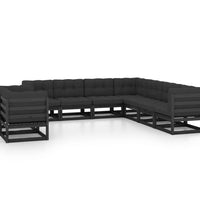 9-tlg. Garten-Lounge-Set mit Kissen Schwarz Massivholz Kiefer