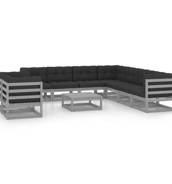 10-tlg. Garten-Lounge-Set mit Kissen Grau Massivholz Kiefer