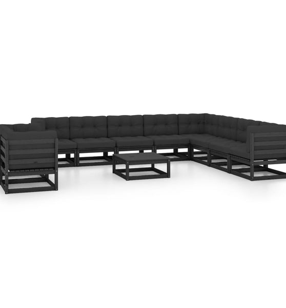 11-tlg. Garten-Lounge-Set mit Kissen Schwarz Kiefer Massivholz