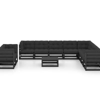 11-tlg. Garten-Lounge-Set mit Kissen Schwarz Kiefer Massivholz