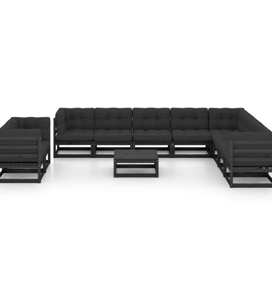 11-tlg. Garten-Lounge-Set mit Kissen Schwarz Kiefer Massivholz