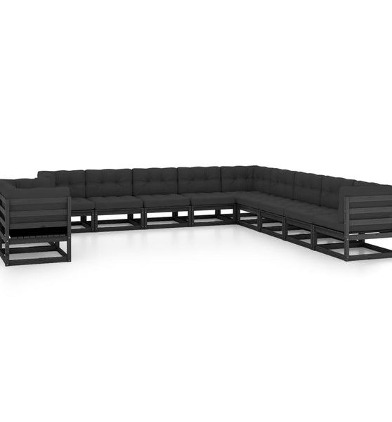 11-tlg. Garten-Lounge-Set mit Kissen Schwarz Kiefer Massivholz