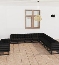 11-tlg. Garten-Lounge-Set mit Kissen Schwarz Kiefer Massivholz