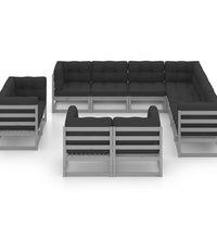 11-tlg. Garten-Lounge-Set mit Kissen Grau Kiefer Massivholz