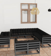 11-tlg. Garten-Lounge-Set mit Kissen Grau Kiefer Massivholz