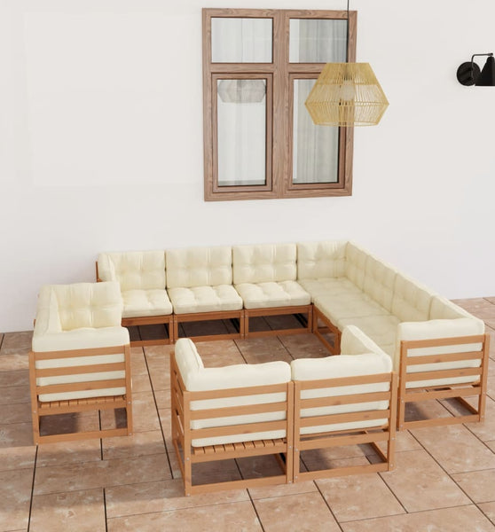 11-tlg. Garten-Lounge-Set mit Kissen Honigbraun Massivholz