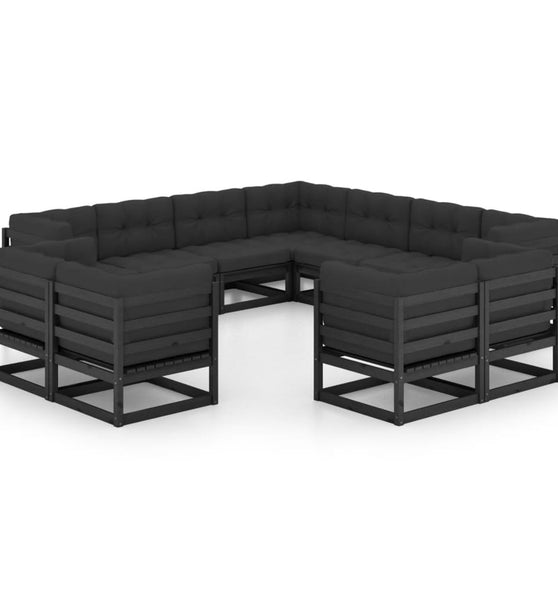 11-tlg. Garten-Lounge-Set mit Kissen Schwarz Kiefer Massivholz