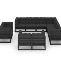 11-tlg. Garten-Lounge-Set mit Kissen Schwarz Kiefer Massivholz