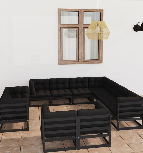 11-tlg. Garten-Lounge-Set mit Kissen Schwarz Kiefer Massivholz