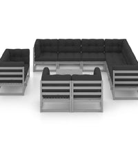 12-tlg. Garten-Lounge-Set mit Kissen Grau Massivholz Kiefer