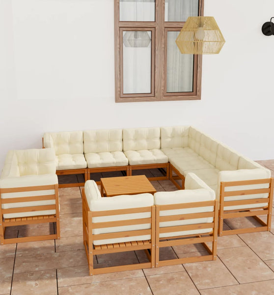 12-tlg. Garten-Lounge-Set mit Kissen Honigbraun Massivholz