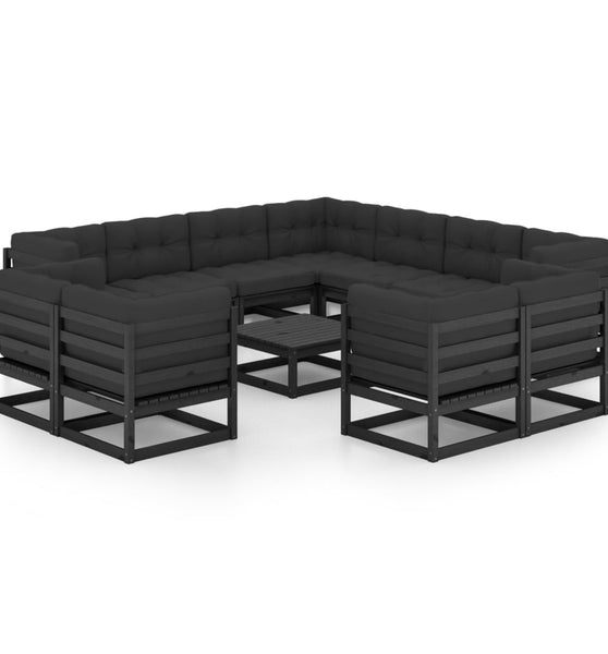 12-tlg. Garten-Lounge-Set mit Kissen Schwarz Massivholz Kiefer