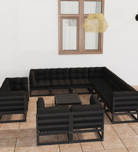 12-tlg. Garten-Lounge-Set mit Kissen Schwarz Massivholz Kiefer