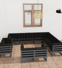 12-tlg. Garten-Lounge-Set mit Kissen Grau Massivholz Kiefer