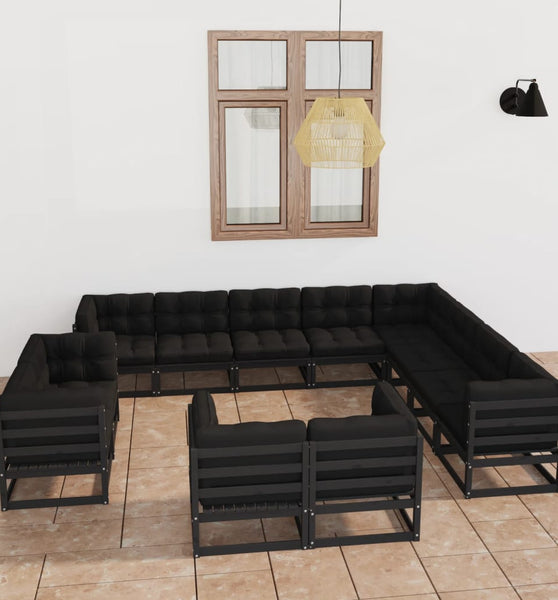 12-tlg. Garten-Lounge-Set mit Kissen Schwarz Massivholz Kiefer