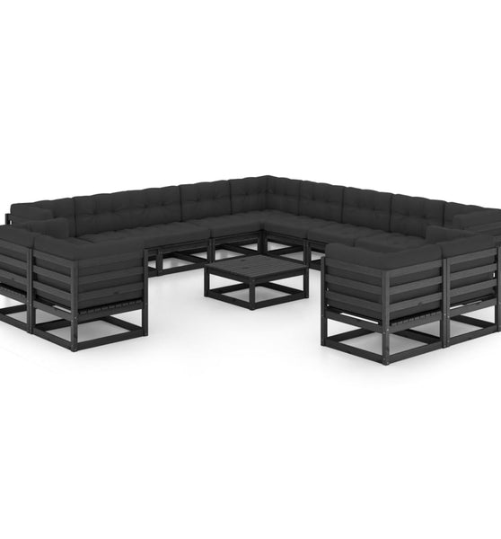 14-tlg. Garten-Lounge-Set mit Kissen Schwarz Massivholz Kiefer