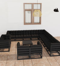 14-tlg. Garten-Lounge-Set mit Kissen Schwarz Massivholz Kiefer