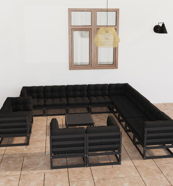 14-tlg. Garten-Lounge-Set mit Kissen Schwarz Massivholz Kiefer