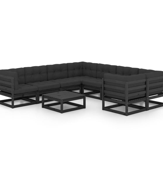 9-tlg. Garten-Lounge-Set mit Kissen Schwarz Massivholz Kiefer