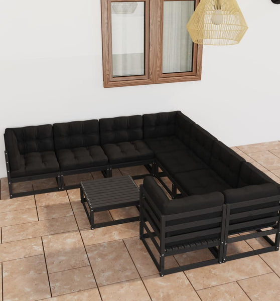 9-tlg. Garten-Lounge-Set mit Kissen Schwarz Massivholz Kiefer