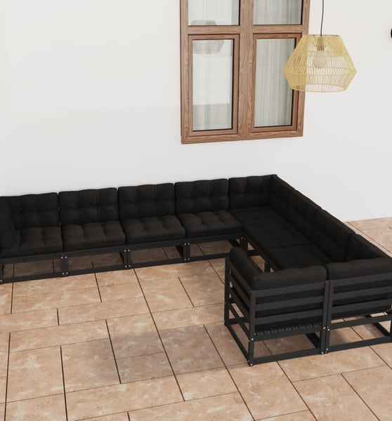 9-tlg. Garten-Lounge-Set mit Kissen Schwarz Massivholz Kiefer