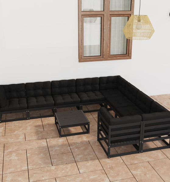 10-tlg. Garten-Lounge-Set mit Kissen Schwarz Massivholz Kiefer