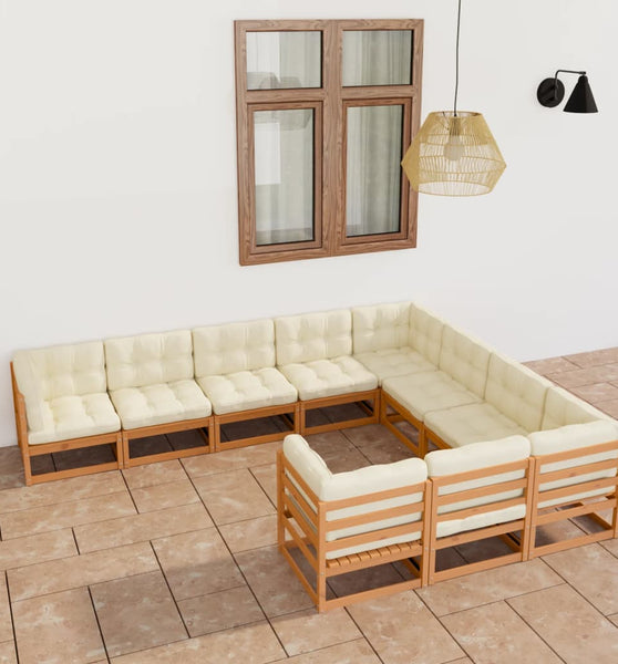 10-tlg. Garten-Lounge-Set mit Kissen Honigbraun Massivholz