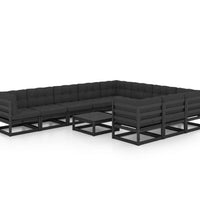 11-tlg. Garten-Lounge-Set mit Kissen Schwarz Kiefer Massivholz