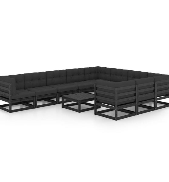 11-tlg. Garten-Lounge-Set mit Kissen Schwarz Kiefer Massivholz