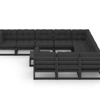 11-tlg. Garten-Lounge-Set mit Kissen Schwarz Kiefer Massivholz