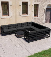 11-tlg. Garten-Lounge-Set mit Kissen Schwarz Kiefer Massivholz